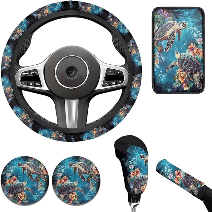 Steering Wheel Cover Sea Turtle Print Car Interior Decor Armrest Cushion,Cup Mat,Handbrake Gear Cover Protector Suit for SUV,Truck,Vans -6pcs