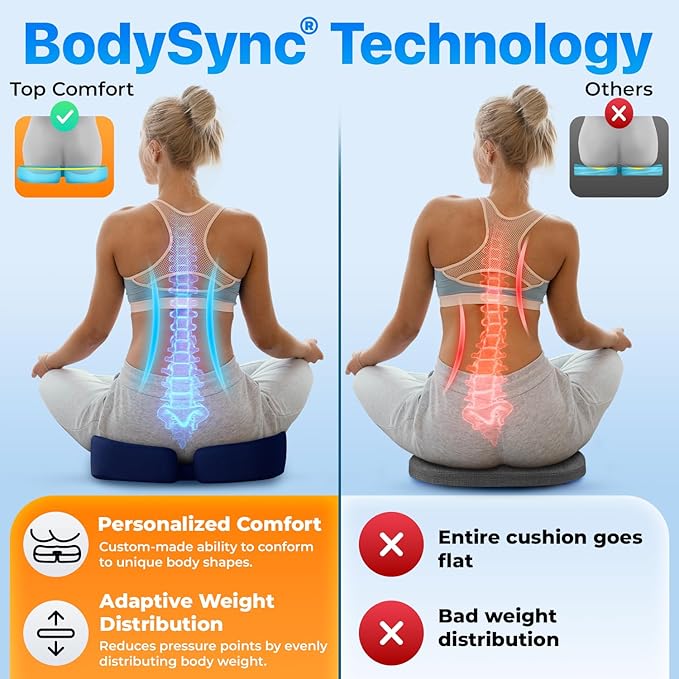 Seat Cushion, BodySync™ Technology with Non-Slip Gel & Memory Foam for Tailbone, Sciatica & Back Pain Relief, Office Chair Cushion, Car Seat Cushions for Driving (Dark Grey Blue)