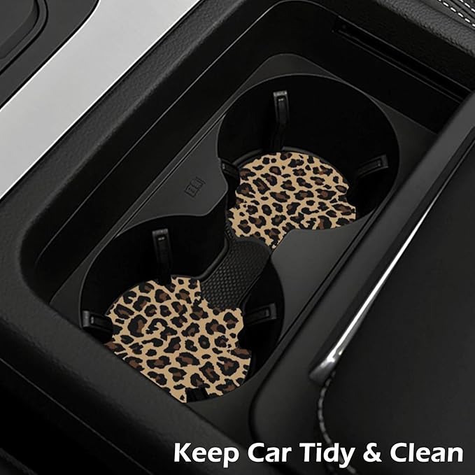 2 Pcs Car Cup Coasters, Brown Cheetah Print Universal Non-Slip Rubber Car Coasters for Cup Holders 2.75 inch, Car Interior Accessories for Women