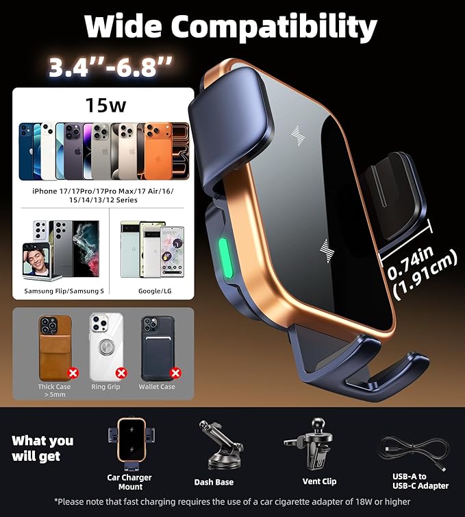 Dual Coil 15W Car Phone Holder Wireless Car Charger -Auto Clamping- Charging Phone Holders for Your Car Dash Vent Windshield, for Flip S25/S24/S23/S22, iPhone 17/16/15/14