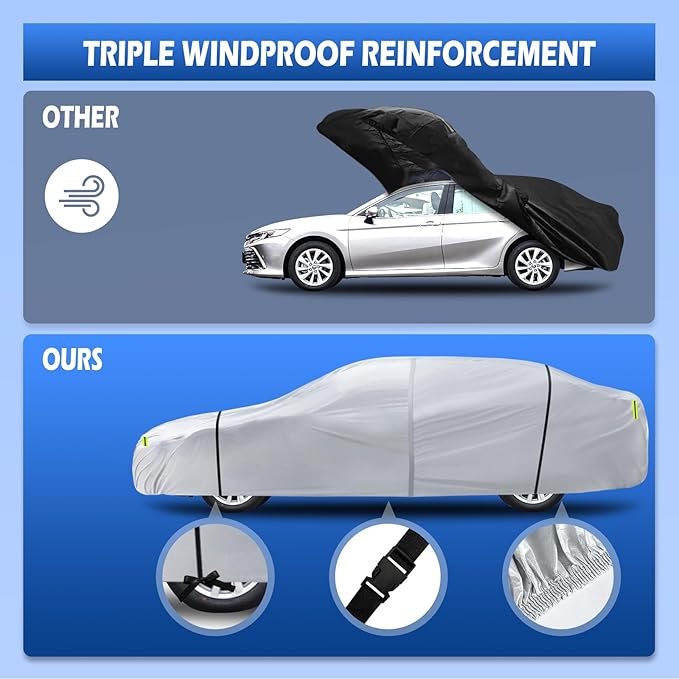 6 Layers Car Cover Waterproof All Weather for Automobiles, Size A3 with Zipper Cotton Fit for Toyota Camry, Honda Accord, Ford Mustang, Chevy Camaro/Malibu,Kia Optima(187-198 inch), Silver