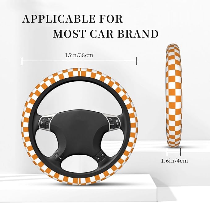 Yellow Checkered Steering Wheel Cover for Women,Universal Auto Steering Wheel 14-15 Inch Car Interior Accessories with 2PCS Car Coasters,Suitable for Men and Women