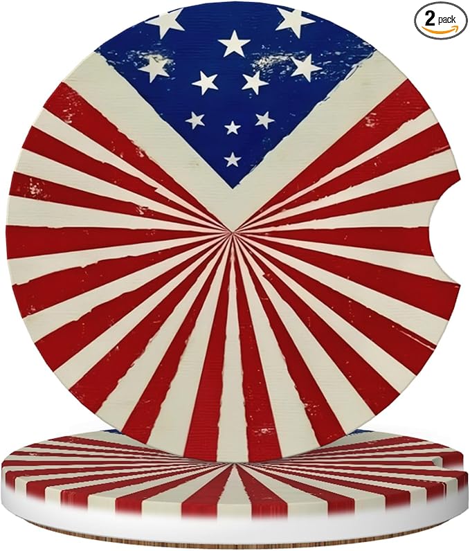 Absorbent Car Coasters for Cup Holders, 2 Pack Universal Anti Slip Ceramic Cup Coaster for Women Men 2.56 Inch Car Interior Accessories - Vintage Stars and Stripes 009