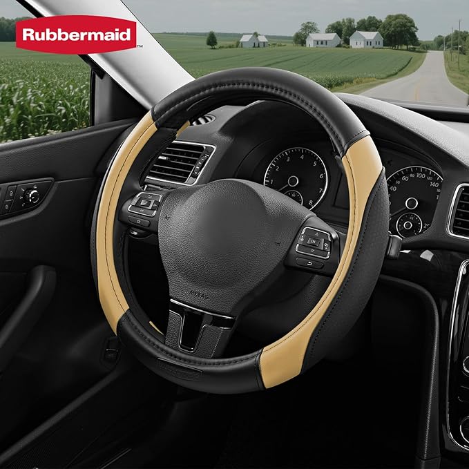 Rubbermaid Steering Wheel Cover – Universal Fit 14.5"–15" Steering Wheel Cover, Anti-Slip Grip, Breathable Leather, All-Season Protection, Interior Upgrade for Cars, Trucks, SUVs - Beige
