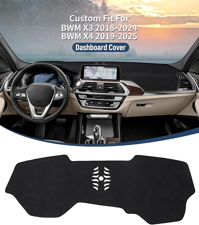 BIBLOZ Dash Cover for BMW X3 2018-2024 & BWM X4 2019-2025 Accessories Black Flannel Dashboard Cover Mat Car Dashboard UV Sun Protection(No HUD)