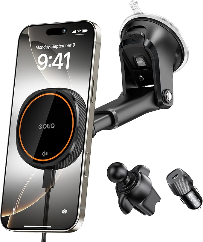 OQTIQ for Magnetic Car Mount Charger- QI2 Certified 15W Fast Wireless Charging Car Phone Holder with Strong Magnetic Grip, Built-in Cooling Fan, Suction Cup & Vent Mount [PD 30W Adaptor Included]