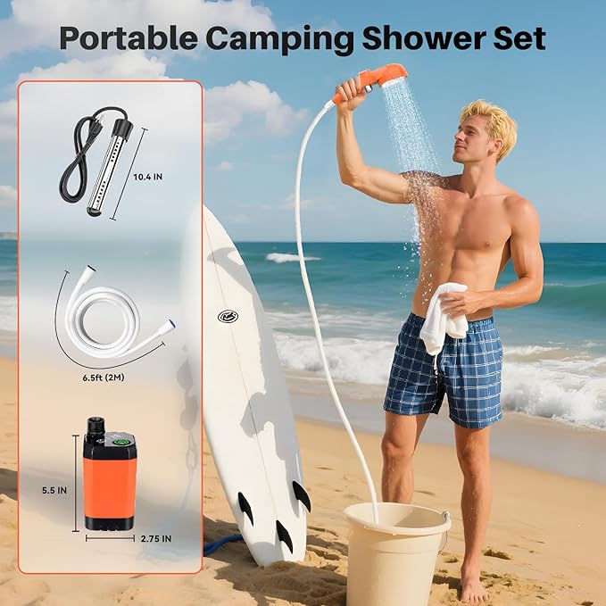 Portable Camping Shower with Heater, 6000mAh Rechargeable Portable Shower with 2000W Immersion Heater, LED Display, Heated Camping Shower for Travel, Hiking, Car, Pet