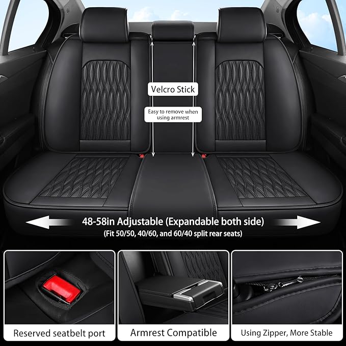 WELLDO Car Seat Covers Full Set, Premium Nappa Leather Seat Covers for Car, Waterproof Car Seat Protector with Lumbar Support, Automotive Seat Covers Universal Fit for Most Cars SUV Truck(Black-w02)