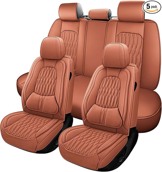 WELLDO Car Seat Covers Full Set, Premium Nappa Leather Seat Covers for Car, Waterproof Car Seat Protector with Lumbar Support, Automotive Seat Covers Universal Fit for Most Cars SUV Truck, Brown