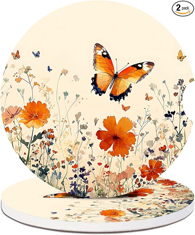 2 Pack Car Cup Holder Coaster-Butterfly Floral Absorbent Ceramic Coaster, Car Coasters for Cup Holders,Auto Accessories for Women & Men
