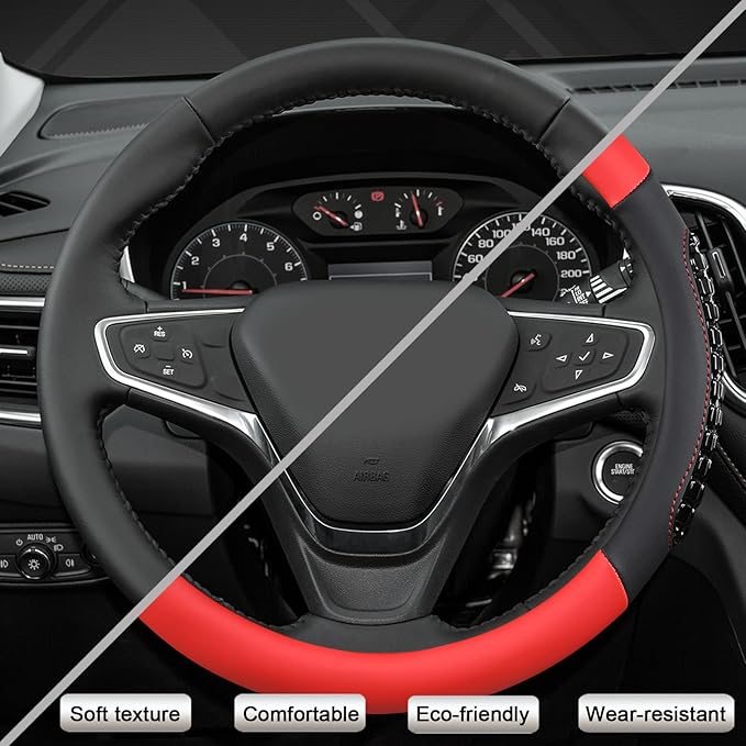West Llama Nappa Leather Car Steering Wheel Cover Gel Massage,Cool in Summer,Universal 15 inch(Red+Black-Standard Size)