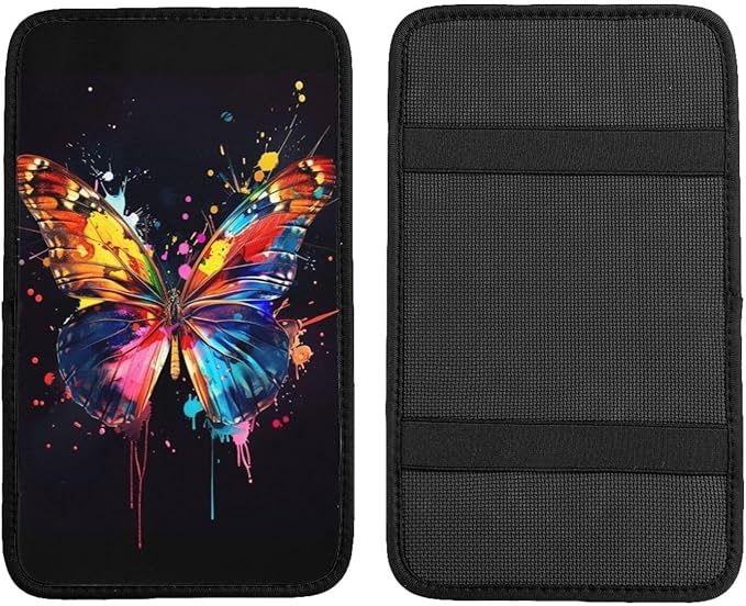 Universal Car Center Console Cushion Pad, Colorful Butterfly Soft Waterproof Car Center Console Cover Auto Armrest Seat Box Cover Protector for Most Vehicle SUV Truck Car