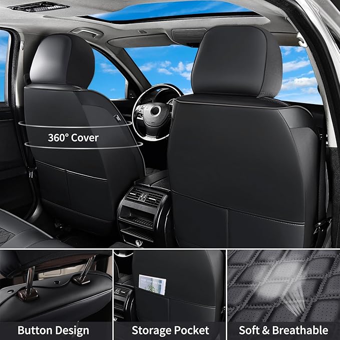 Huidasource Silverado Seat Covers Front & Rear Fit for Chevy Silverado GMC Sierra Pickup 1500 2014-2018, 2500HD 3500HD 2015-2019 Crew Double Extended Cab Leather Seat Cushion Cover (Full Set/Black)