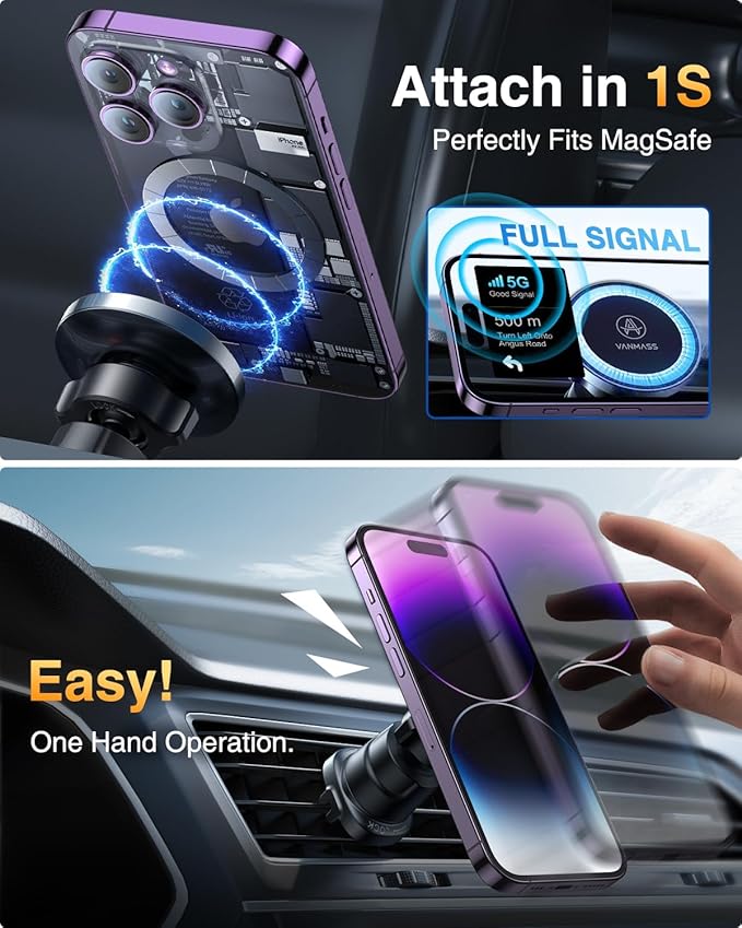 VANMASS for MagSafe Car Mount【2025 Upgraded TOP Magnet & Clip Hook】Magnetic Cell Phone Holder for Vent, Universal Cellphone Stand Truck Cradle Accessories for iPhone 16 15 14 13 12 11 Android Samsung