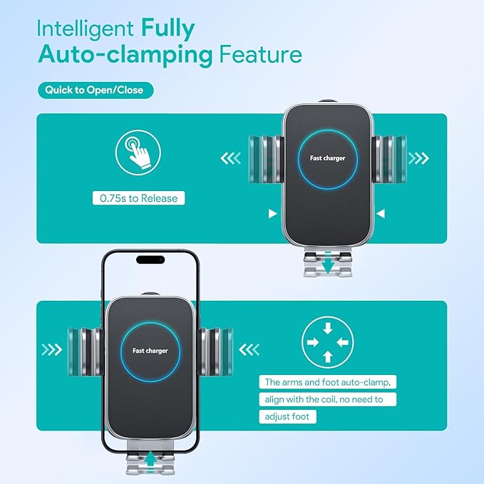 Wireless Car Charger, 15W Auto-Clamping Charger Mount, Air Vent Car Charging Holder for iPhone 15 14 13 12 11 Pro Max Plus Mini X Xr Xs, Samsung S23 S22 S21 S20 Note 20, Google, LG, etc