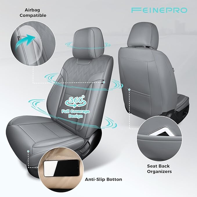 Grey Car Seat Covers Only Front 2pc - Breathable Faux Leather Universal Seat Covers for Cars, Automotive Protector Fit for Most Sedan SUV Pick-up Truck