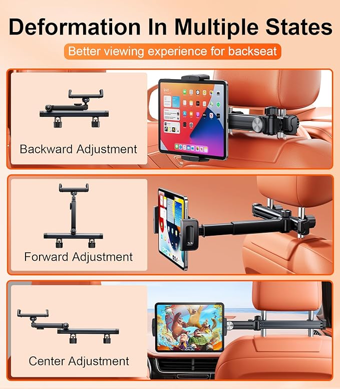 Extension Arm Tablet Holder for Car Headrest, Adjustable iPad Holder for Car Backseat Rear Facing for Kids Baby, Car Mount Fit for 4.7"-13" Cell Phone iPad mini Air Pro 12.9 Switch Fire, Black