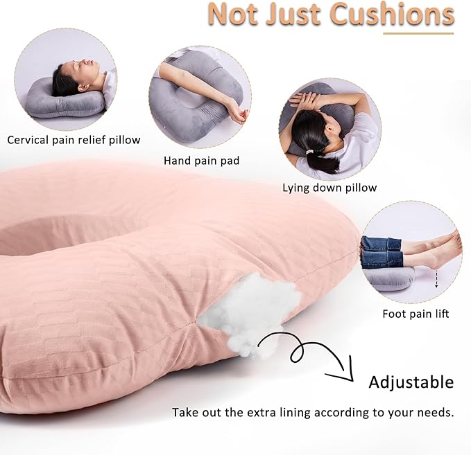 Donut Pillow for Tailbone Pain Relief, Wheelchair Cushion for Hemorrhoids and Bed Sores, Pregnancy, Donut Pillow Suitable for Office, Long Travel, Car and Home Sofa (Pink-Diagonal Grid)