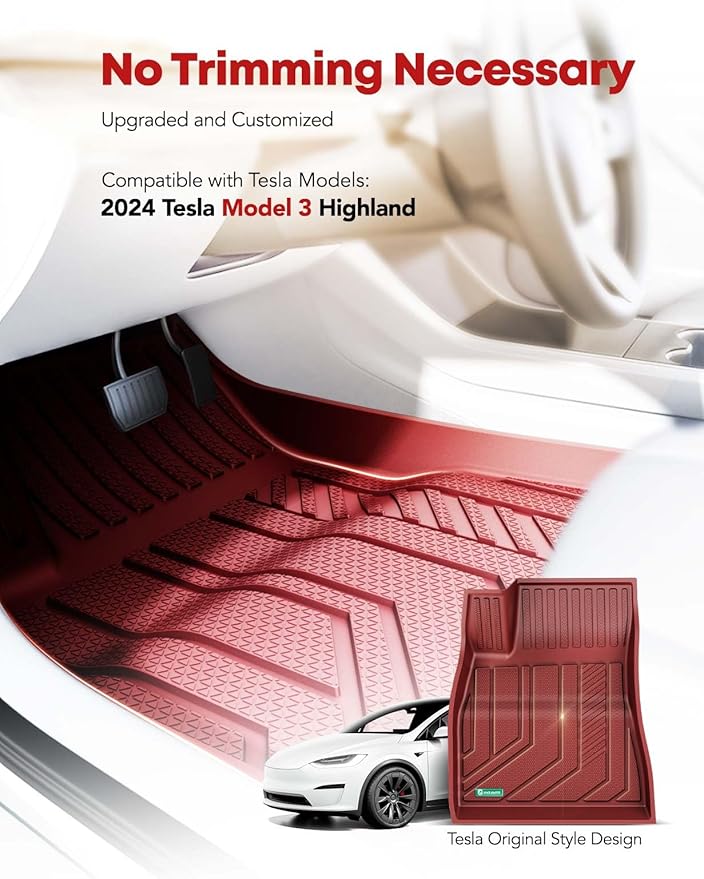 YHTAUTO Custom Fit Red Floor Mats for 2024 2025 Tesla Model 3 Highland, All Weather TPE Car Mats Carpet, Front Rear Trunk Cargo Liner, Rear Storage Liner Mats, Anti-Slip Waterproof Orderless, Set of 6