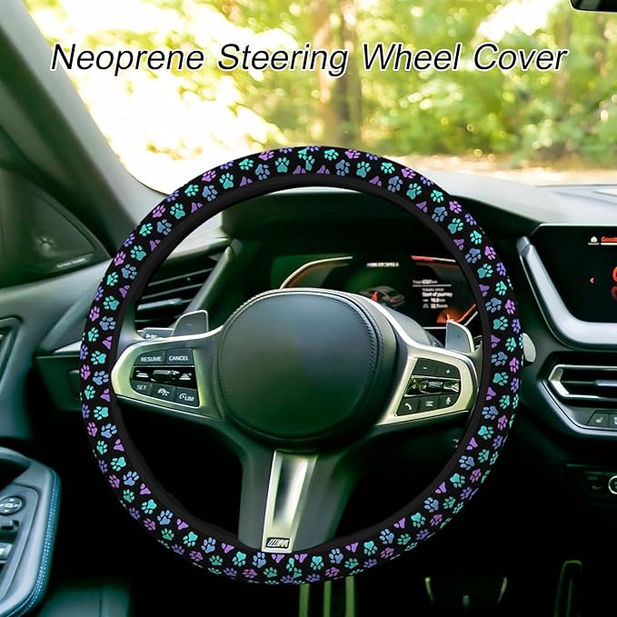 Paw Steering Wheel Cover Women Men Rainbow Dog Cat Footprint Kitten Paw Toe Car Accessories for Women Men 15 Inch Steering Wheel Covers Universal Steering Wheel Cover for Truck Auto Suvs