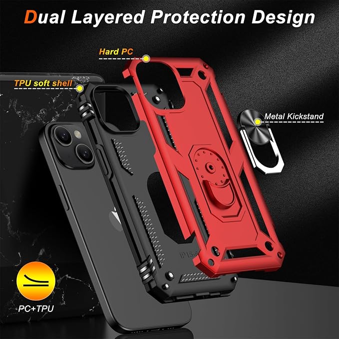 IKAZZ for iPhone 13 Case 6.1 Inch with Screen Protector,Military Grade Shockproof Heavy Duty Protective Phone Cover Pass 16ft Drop Test with Magnetic Kickstand Car Mount Holder,Red
