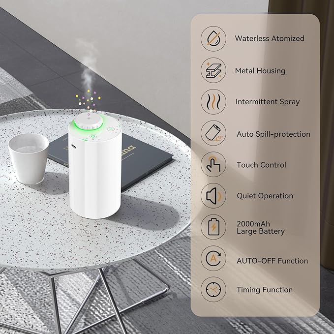 Waterless Diffuser for Essential Oil Nebulizer, 7 Colors LED Light, Battery Powered Mini Scent Air Machine, Aromatherapy Mist Diffuser for Home Room Car Office Black (White-2)