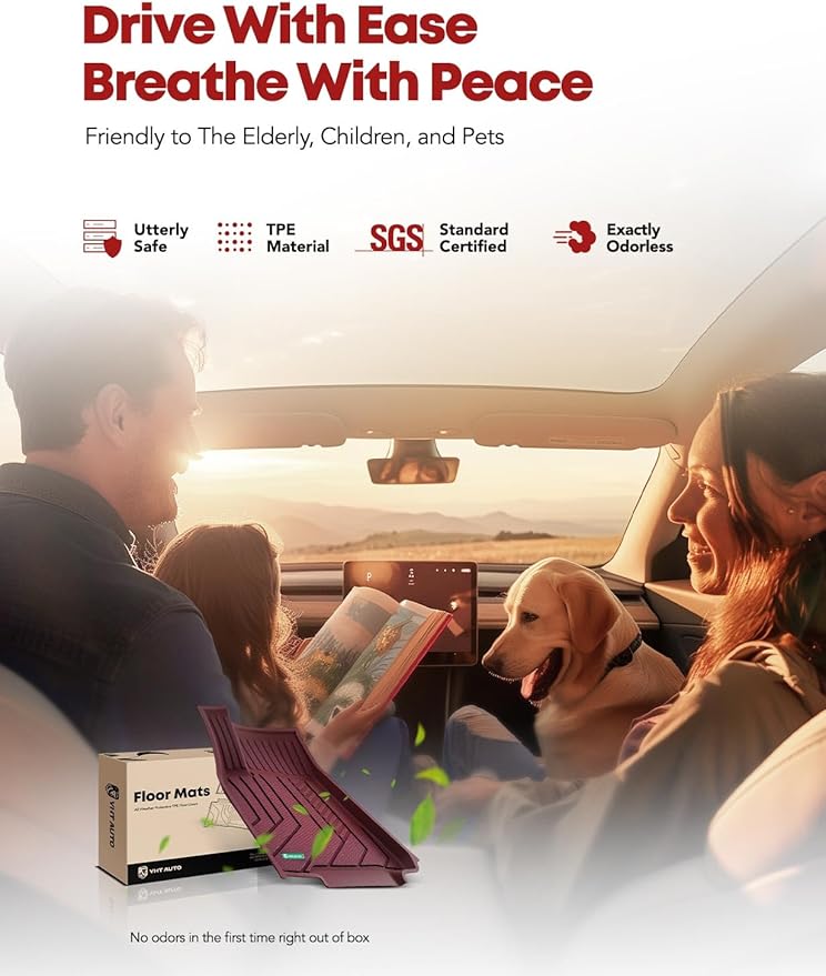 YHTAUTO Custom Fit Light Red Car Floor Mats for Tesla Model Y 2025-2020 (5-Seat) Not for Juniper, 1st & 2nd Row All Weather TPE Car Carpet Liners, Anti-Slip Waterproof, Automatic Mats, Set of 3