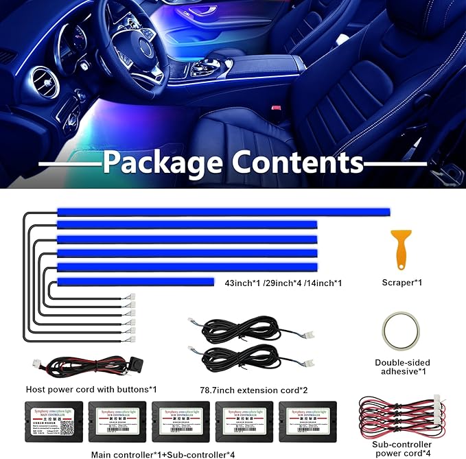 WEBUPAR Acrylic Interior Car Lights - 6 in 1 LED Strip Lights with APP Control, 175 inches 593 LEDs Fiber Optic Lights, RGB Neon Car Ambient Lighting Kit