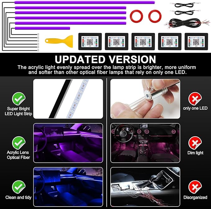 Acrylic Interior Car LED Strip Light with Wireless APP, Car Accessories 6 in 1 with 175 inches 593 LEDs Fiber Optic Ambient Lighting Kits, RGB Dynamic Music Sync Neon LED Strip Light for Car