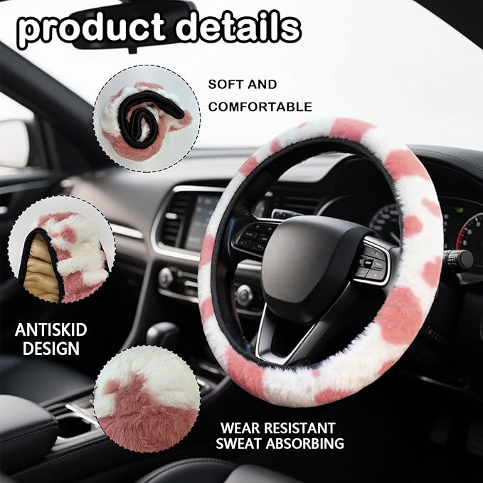 Pink Cow Fuzzy Steering Wheel Cover for Women, Universal Auto Steering Wheel 14-15 Inch Soft Warm Car Interior Accessories with 2PCS Car Coasters, Suitable for Men and Women