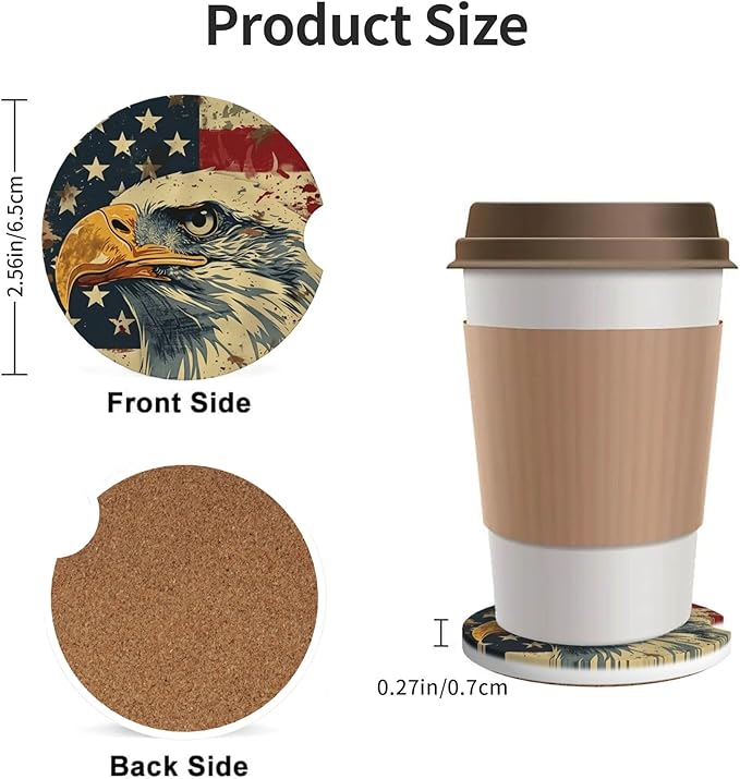 Absorbent Car Coasters for Cup Holders, 2 Pack Universal Anti Slip Ceramic Cup Coaster for Women Men 2.56 Inch Car Interior Accessories - Vintage Bald Eagle American Flag 012