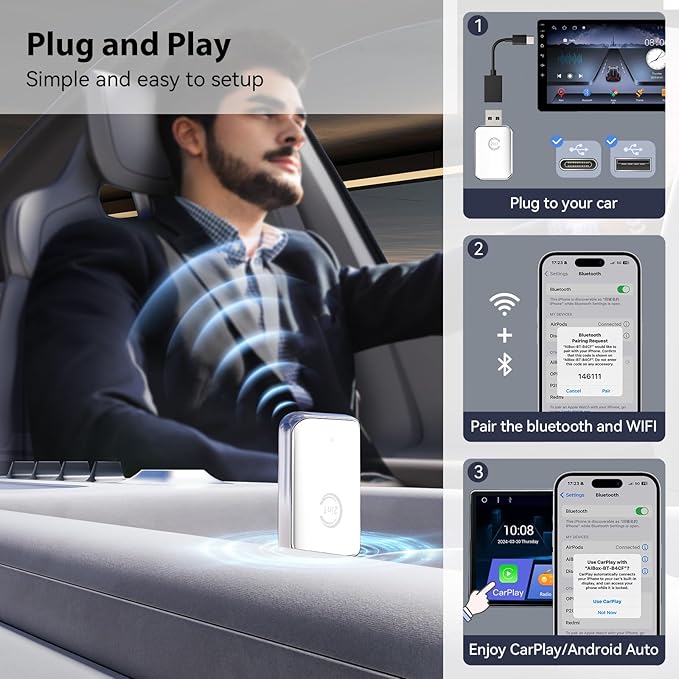 2-in-1 Wireless CarPlay Adapter, Plug and Play, Android Auto Compatible, 5.8GHz WiFi Connection
