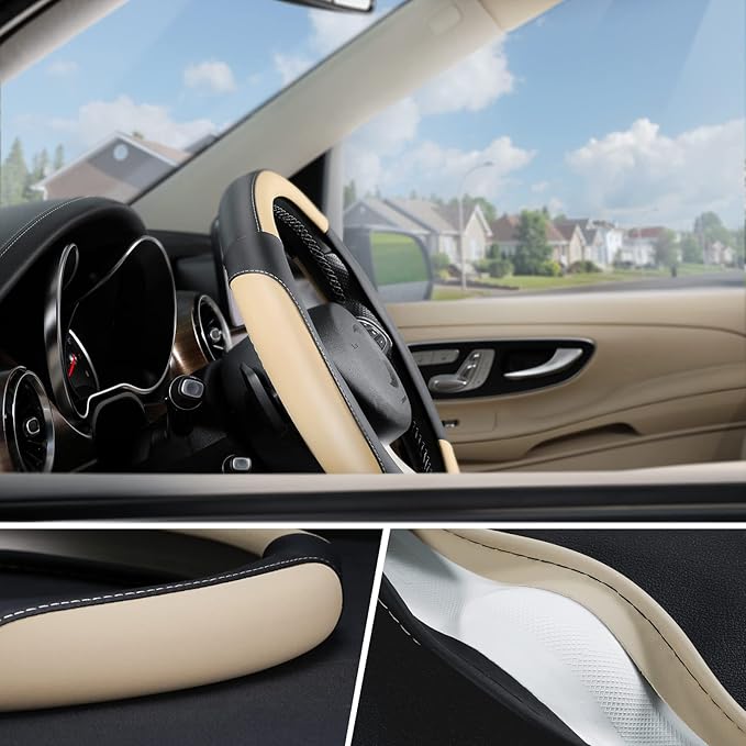 SEG Direct Car Steering Wheel Cover for Medium Standard Size Steering Wheels with 14 1/2-15 inches Outer Diameter, Black and Beige Microfiber Leather