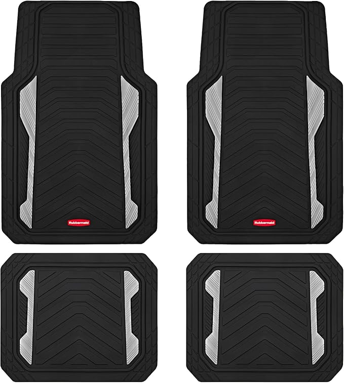 Rubbermaid Car Floor Mat, Heavy Duty All-Weather Car Mats Full Set with Dual-Tone Sliver Aluminum Inserts – Universal Fit, Anti-Slip Backing, Trim-to-Fit for Most SUV, Sedan, Van
