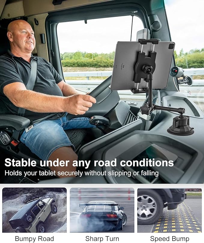 GDZN Vacuum Suction Cup Tablet Holder for Car Dashboard/Windshield, Heavy Duty 10.2" Metal Foldable Arm Anti-Shake iPad Mount for Truck/Van/SUV, Fits 4.7-13" iPad Pro/Air/Mini, Galaxy Tab, iPhone