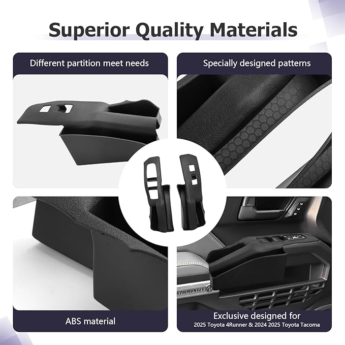 LUWU Door Side Storage Box Compatible with 2025 Toyota 4Runner Accessories Side Organizer Tray 2025 4Runner Center Console Organizer TPE Material Front Storage Box Black 2-Pack
