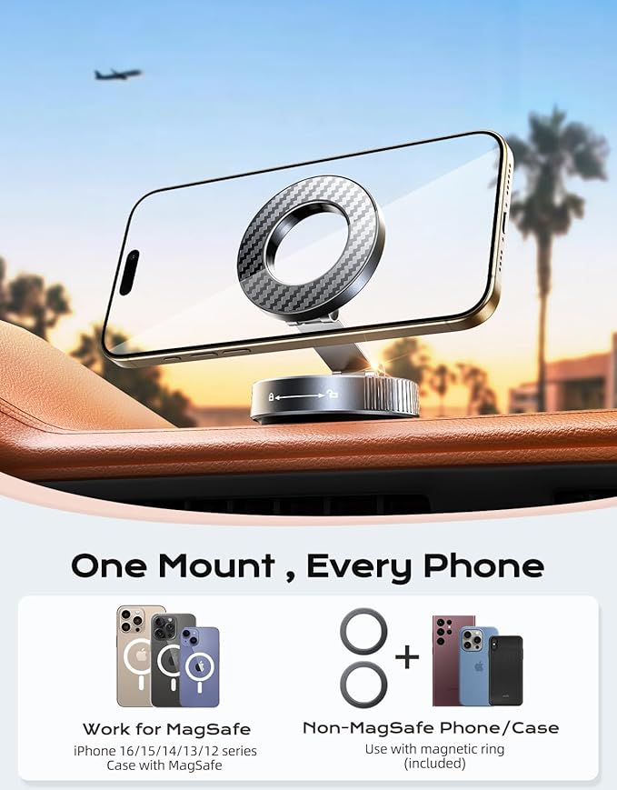 2026 Upgraded Vacuum Magnetic Phone Holder for Car [89LB Vacuum Suction+2400GF Strong Magnetic] 360° Adjustable Car Phone Holder for MagSafe, Dashboard Suction Cup Phone Mount for iPhone 17/16