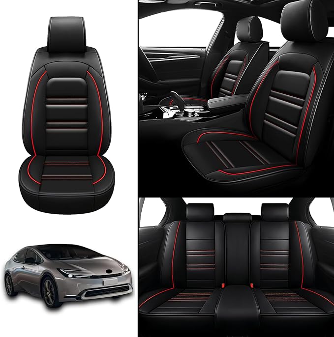 Seat Covers for Toyota Prius 2001-2025 | 5-Seats Leather Seat Covers, Easy to Install Automotive Seat Covers Full Set (Full Set, Black&Red Line)