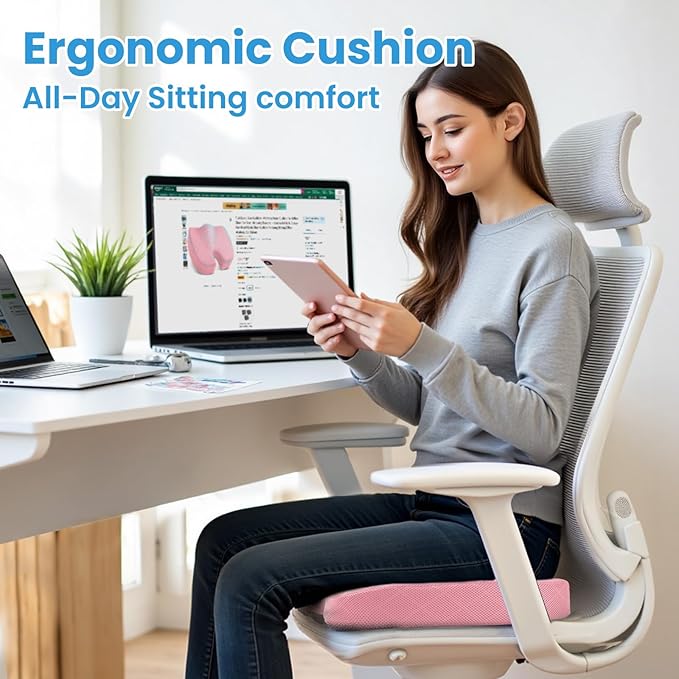TushGuard Office/Car Seat Cushion, Non-Slip Sciatica & Back Coccyx Tailbone Pain Relief Chair Pad, Memory Foam Butt Pillow for Computer Desk, Wheelchair, Driving (Pink)