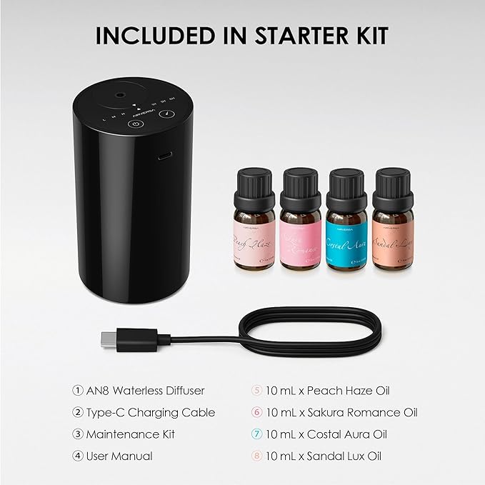 Airversa Waterless Essential Oil Diffuser Starter Kit with 4 x 10mL Fragrance Oil, Battery Operated Mini Scent Air Machine Portable Diffuser for Home Car Office, AN8 Kit2 Black