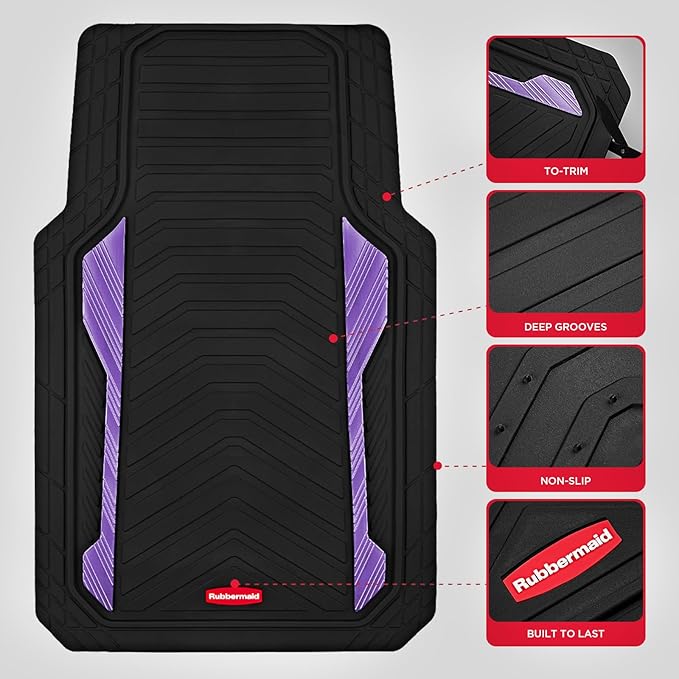 Rubbermaid Car Floor Mat, Heavy Duty All-Weather Car Mats Full Set with Dual-Tone Purple Aluminum Inserts – Universal Fit, Anti-Slip Backing, Trim-to-Fit for Most SUV, Sedan, Van
