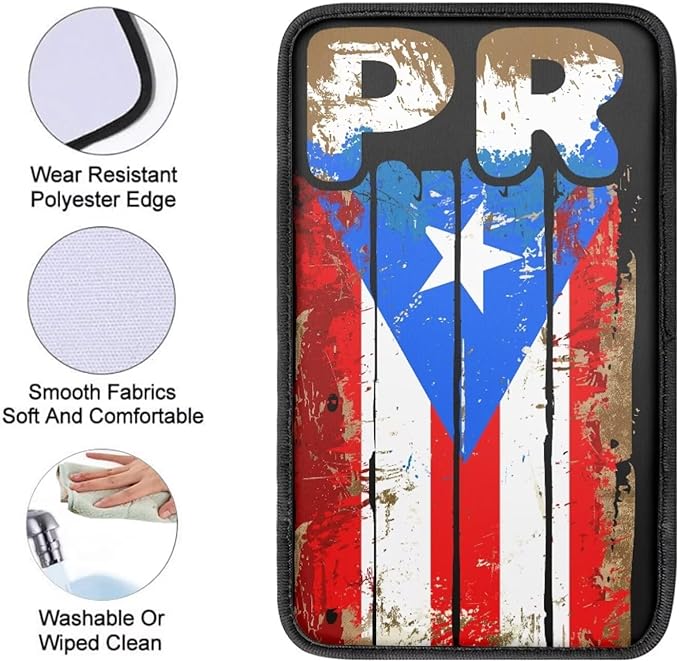 Auto Center Console Pad,Car Armrest Pad Car Armrest Seat Box Cover Protector for Most Vehicle, SUV, Truck, Car, Retro Poerto Rico Flag