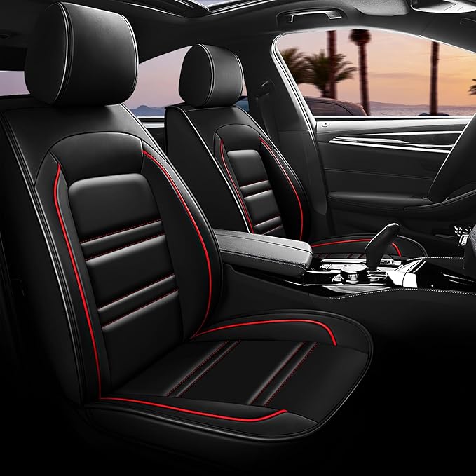 Seat Covers for Dodge Dakota 2000-2011 | 5-Seats Leather Seat Covers, Easy to Install Automotive Seat Covers Full Set (Full Set, Black&Red Line)