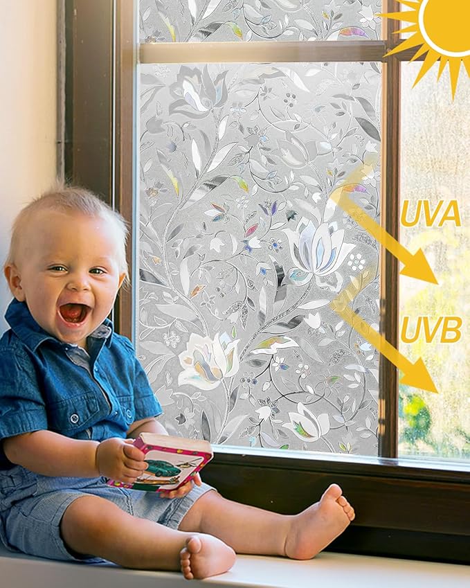 Frosted Tulip Patterned Window Privacy Film with Installation Tools, Stained Glass Decorative Film, Removable, Peep-Proof, Static Cling (17.5 x 157.5 Inch)
