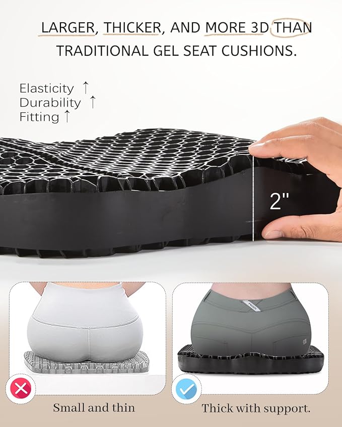 Gel Seat Cushion for Long Sitting & Hip Pain Relief (Large Size) - Cooling 3D Cushions for Office Chair, Car, Wheelchair, Breathable & Non-Slip Cover with Pressure Relief Technology