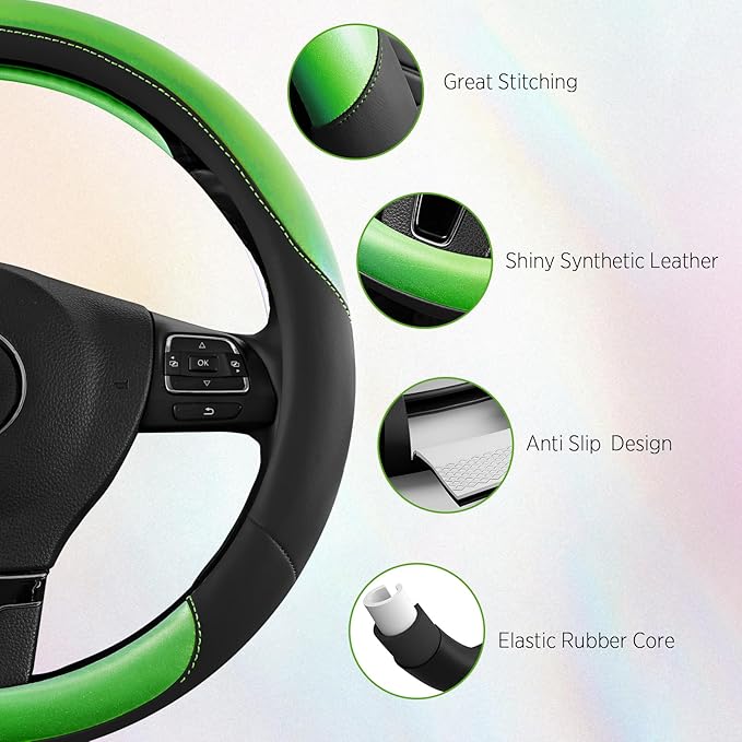 Road Comforts Steering Wheel Cover – Breathable Leather Steering Wheel Cover, Anti-Slip Grip, Universal Fit 14.5” to 15”, Heat & Cold Resistant for Cars, SUVs, and Trucks – Black & Shining Green