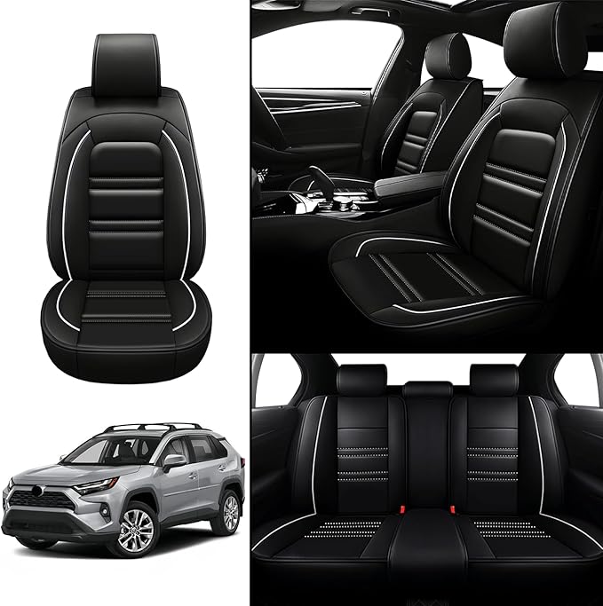 Seat Covers for Toyota Tacoma 2007-2025 | 5-Seats Leather Seat Covers, Easy to Install Automotive Seat Covers Full Set (Full Set, Black&White Line)