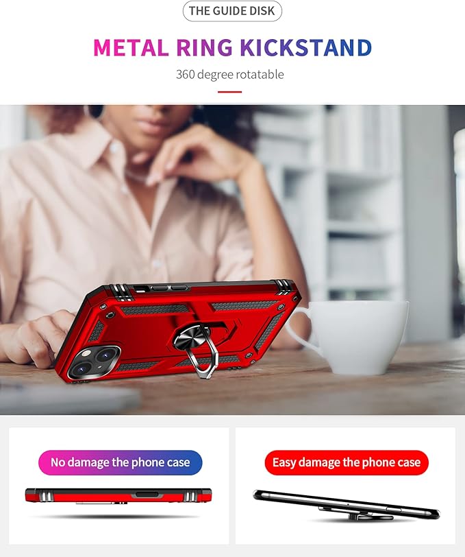 IKAZZ for iPhone 14 Plus Case 6.7 Inch with Screen Protector,Military Grade Shockproof Heavy Duty Protective Phone Cover Pass 16ft Drop Test with Magnetic Kickstand Car Mount Holder,Red