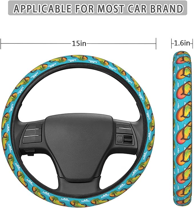 Summer Flip Flops Print Steering Wheel Covers Anti-Slip Elasticity Car Accessories Steering Wheel Protector Universal 15 Inch for Cars SUV Vehicle Truck