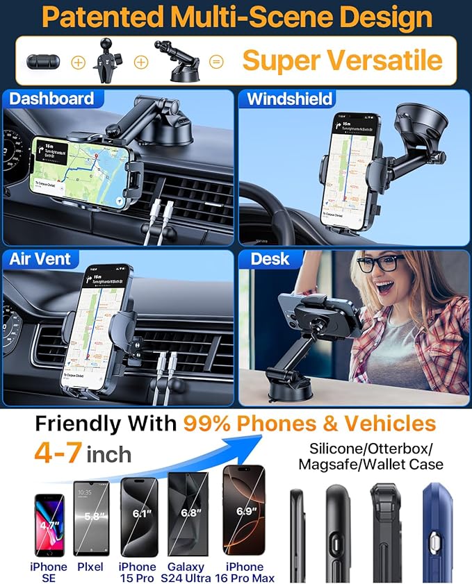 YRU [True Upgrade for Safety] Car Phone Holder Mount [Patent & Military-Grade] Dashboard Cell Phone Holder for Car Vent Windshield Phone Stand for iPhone 17 16 15 14 13 Pro Max Truck Samsung, Black